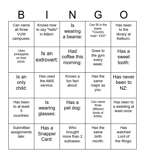 Welcome to Victoria University of Wellington~Let's Get Connected! Bingo Card