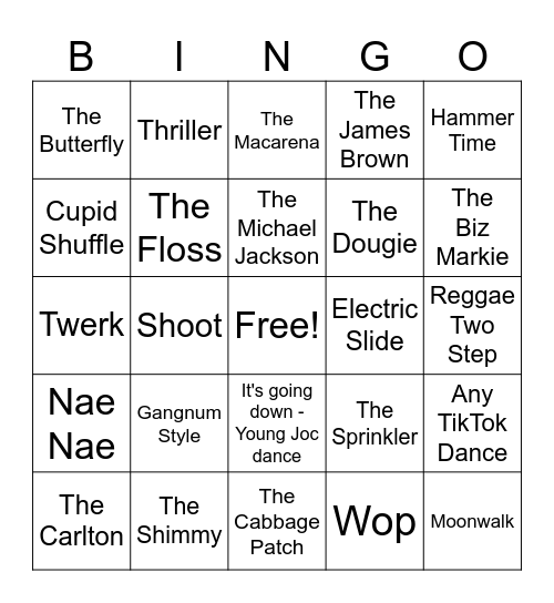 Dance Moves Bingo Card