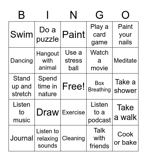 Coping Skills Bingo Card