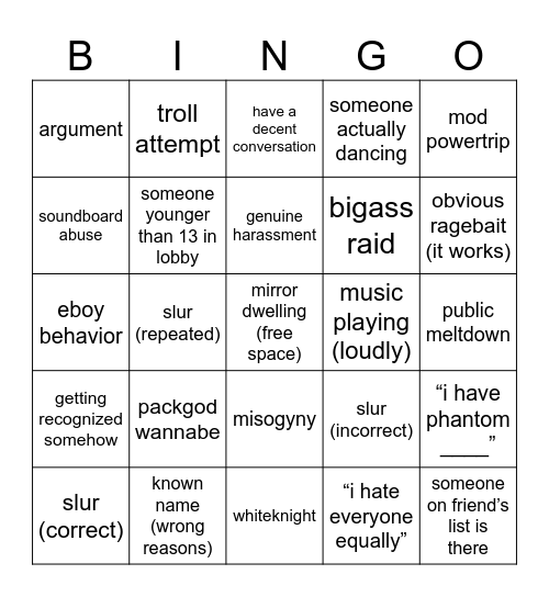 vrchat publics Bingo Card