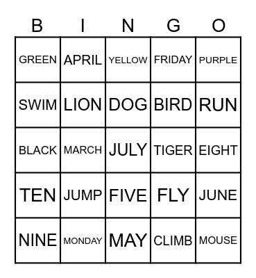 ENGLISH Bingo Card