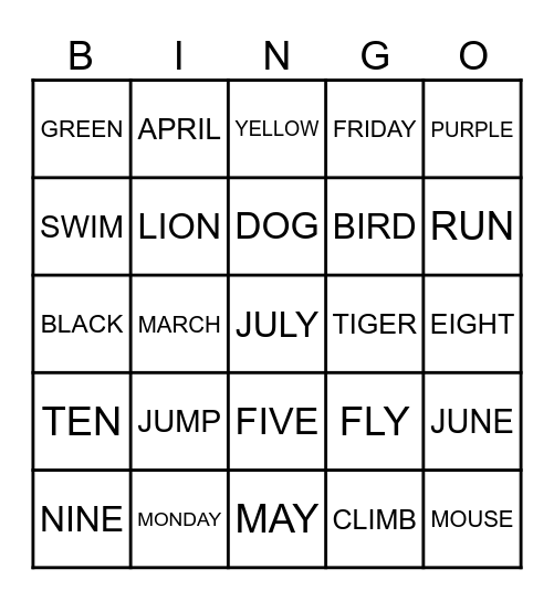 ENGLISH Bingo Card