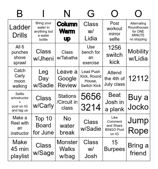 Total Fitness Kickboxing Bingo Card