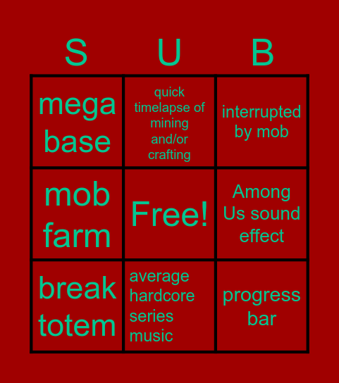 Minecraft Hardcore Videos Bingo Card