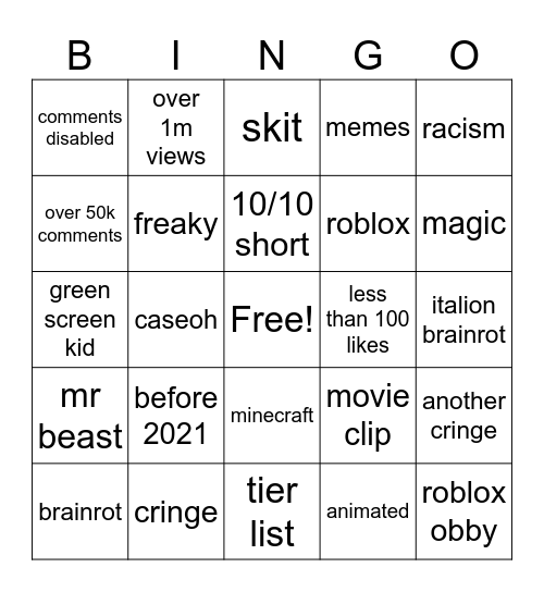 yt shorts bingo Card