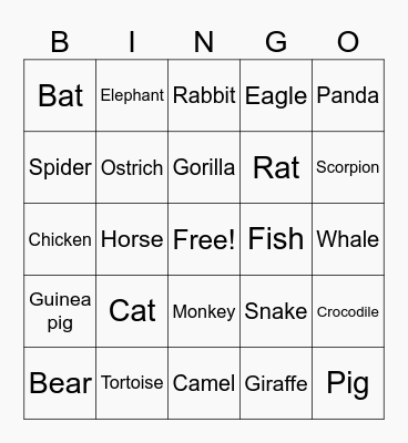 Animals Bingo Card