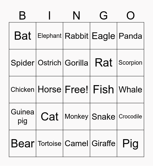 Animals Bingo Card