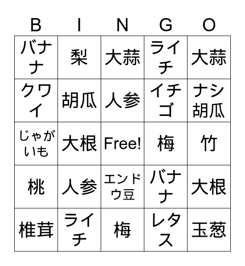 日本語: FRUITS AND VEGGIES Bingo Card