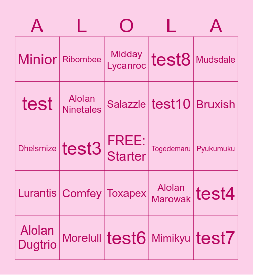 Alola GPL Contestants Bingo Card