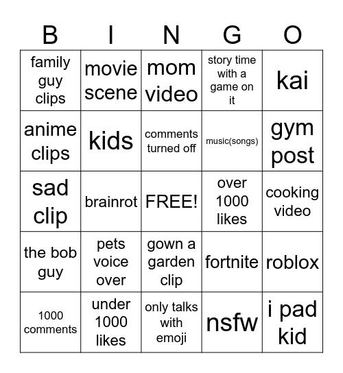 youtube bingo Card