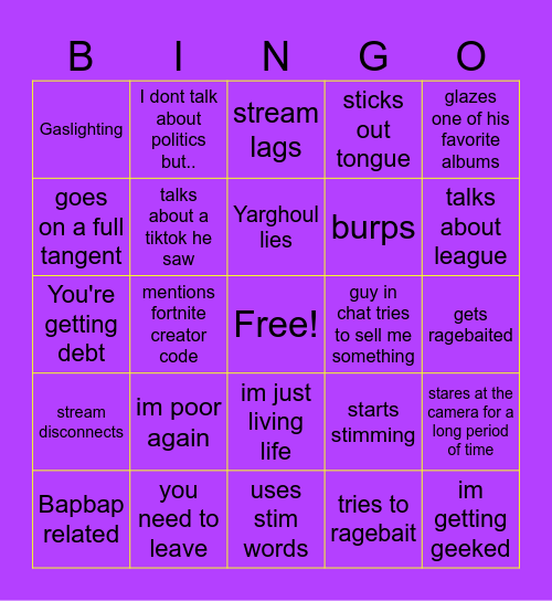 Yarghoul Bingo Card