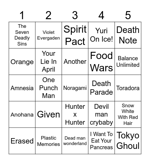 anime's to watch Bingo Card