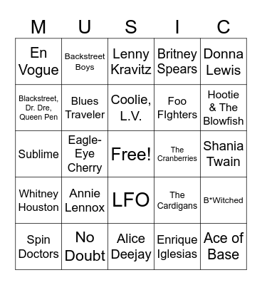 90s Summer Hits Bingo Card