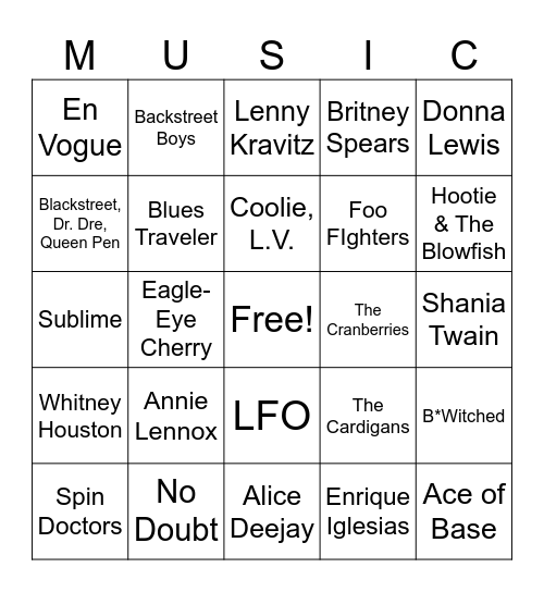 90s Summer Hits Bingo Card