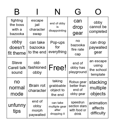 Roblox Themed Obby Bingo Card
