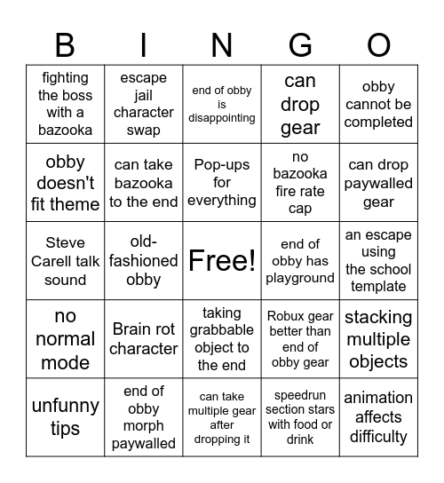 Roblox Themed Obby Bingo Card