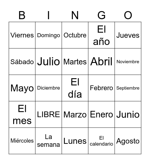 Meses y Días Bingo Card