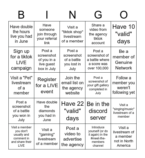 Genuine Network July 2025 Bingo Card