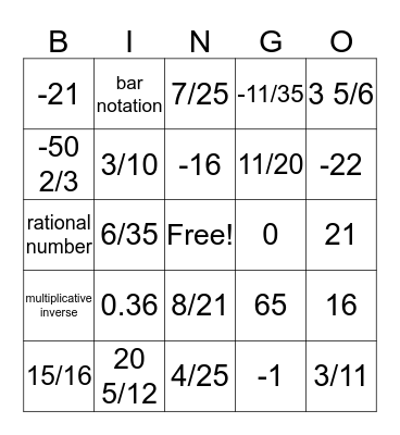 Integers Bingo Card
