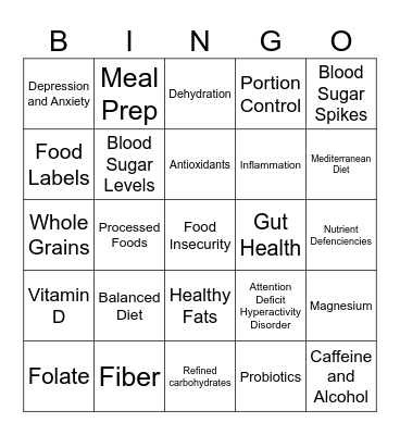Nutrition Bingo Card