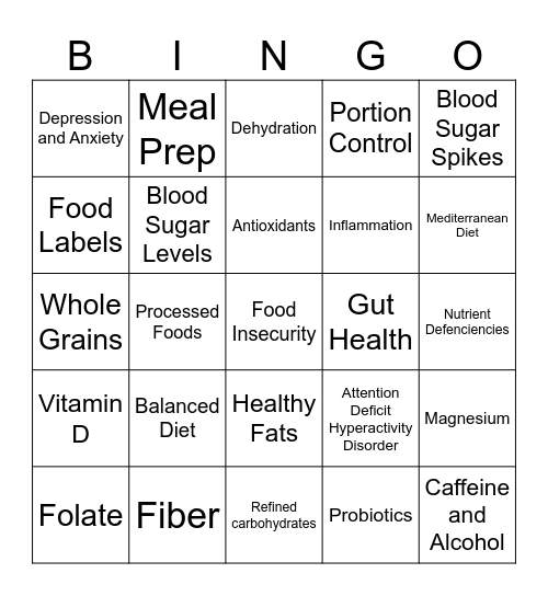 Nutrition Bingo Card