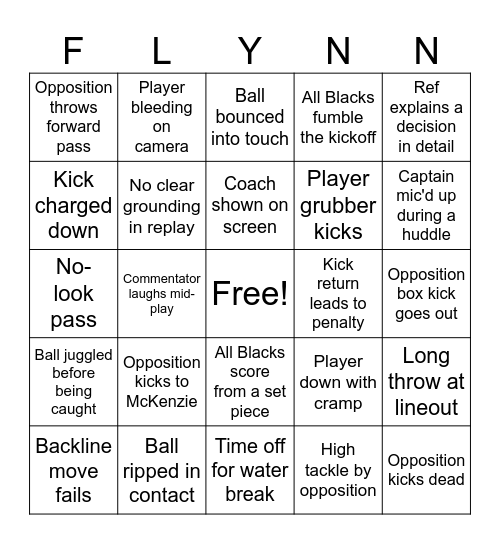 Rugby Bingo Card