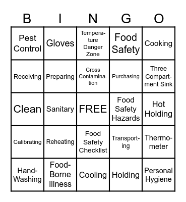 Food Safety Bingo Card