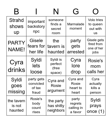 Waterdeep Wednesday 7/2/25 Bingo Card