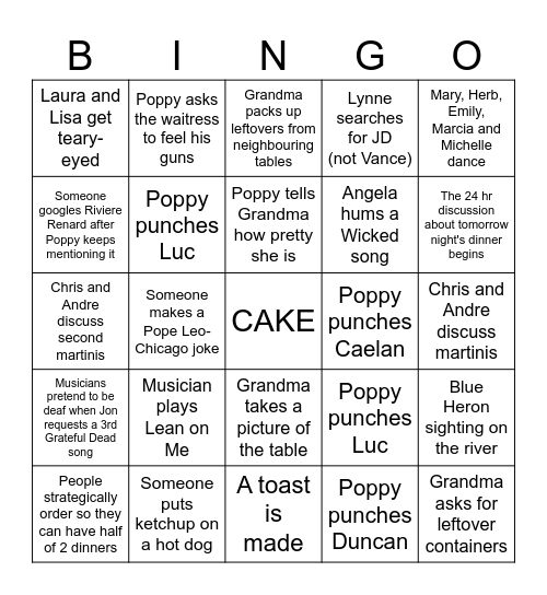 Joe's Birthday Bingo Card