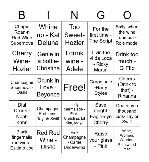 Wine Music Bingo Card
