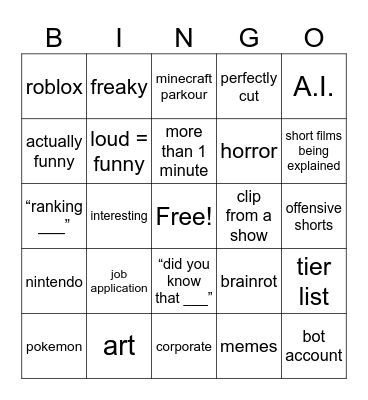 Shorts Bingo Card