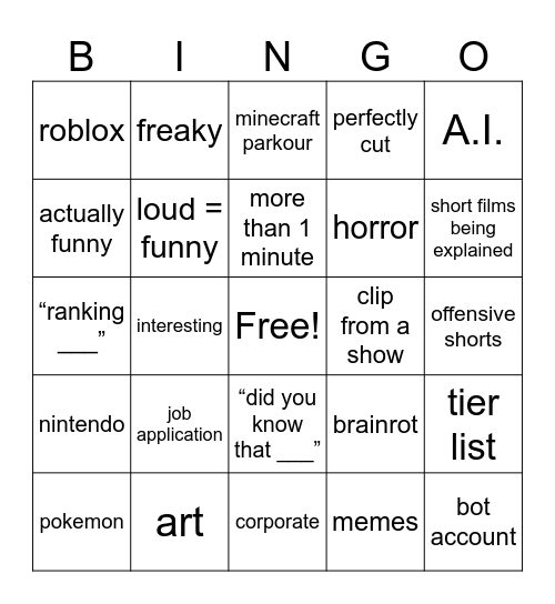 Shorts Bingo Card