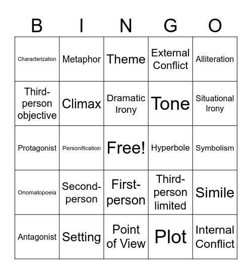 Literary and Rhetorical Devices Bingo Card