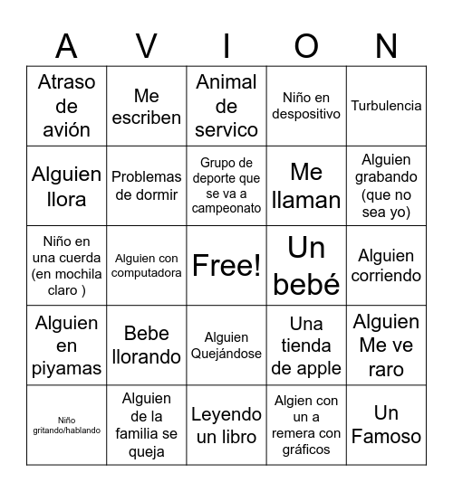 Bingo de avión Bingo Card