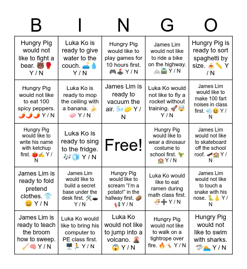 Hungry Pig would not like to eat 100 spicy peppers. 🌶️🌶️🌶️ Y / N Bingo Card