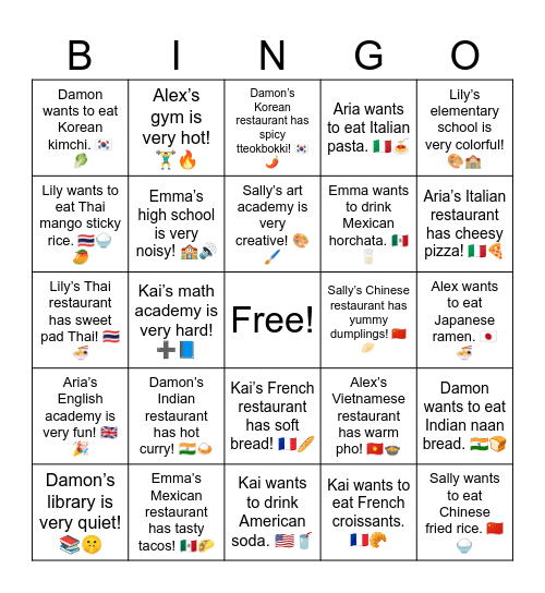 Aria wants to eat Italian pasta. 🇮🇹🍝 Bingo Card