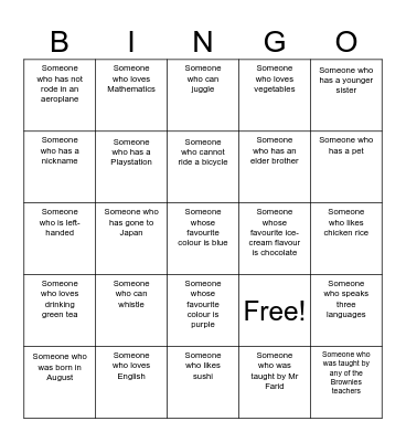 Getting To Know You Bingo Card