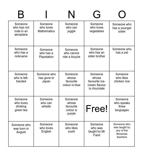 Getting To Know You Bingo Card
