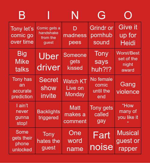 KillTony Bingo Card