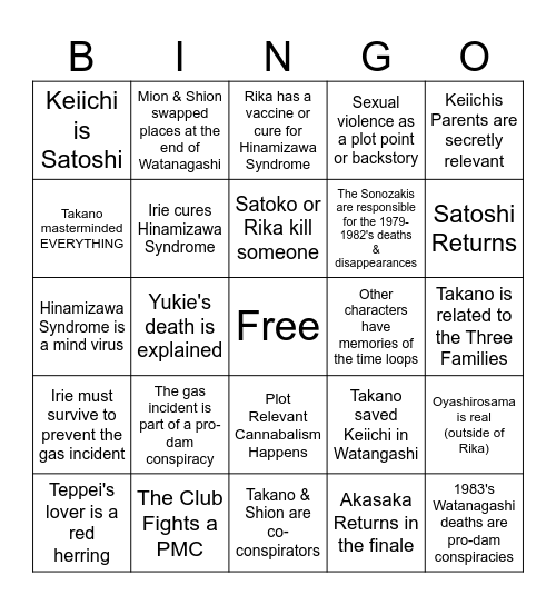 Higurashi Answer Arcs Bingo Card