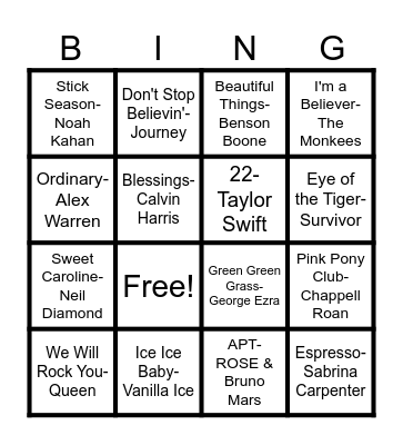 Rock n' Roll Bingo Card