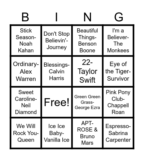 Rock n' Roll Bingo Card