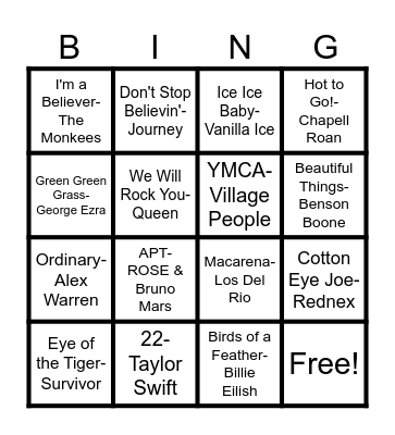 Rock n' Roll Bingo Card