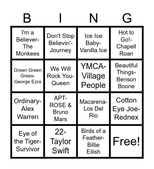 Rock n' Roll Bingo Card