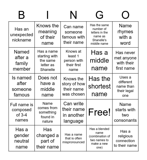 Name Bingo Card