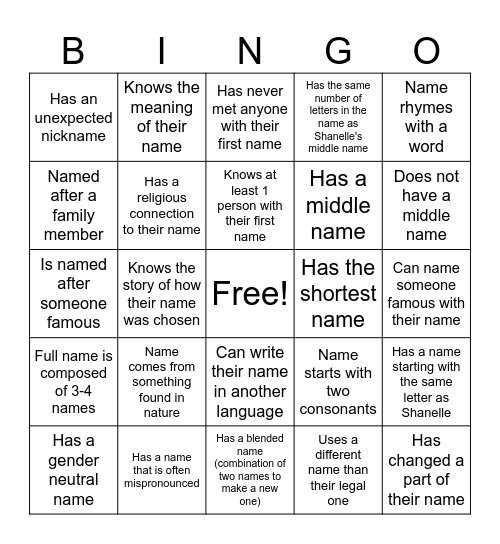 Name Bingo Card