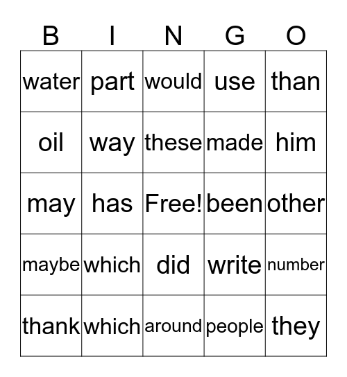 Sight Word Bingo Card