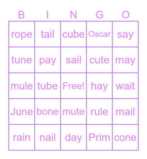 Long o, u, a Bingo Card
