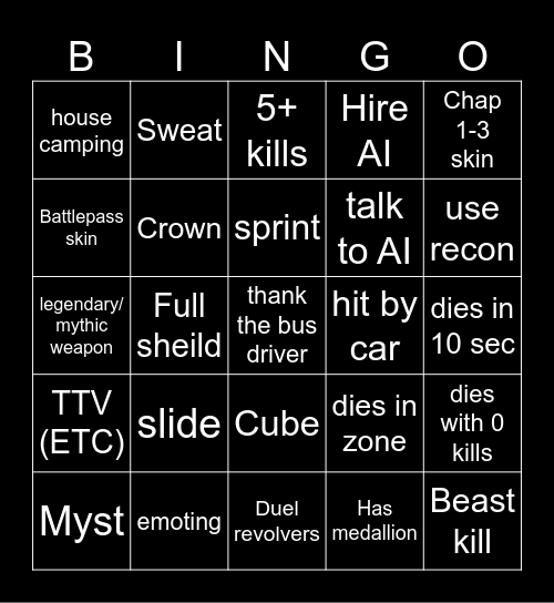 Fortnite Bingo Card