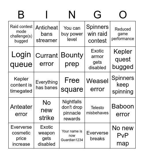 EoF week one bigno Bingo Card